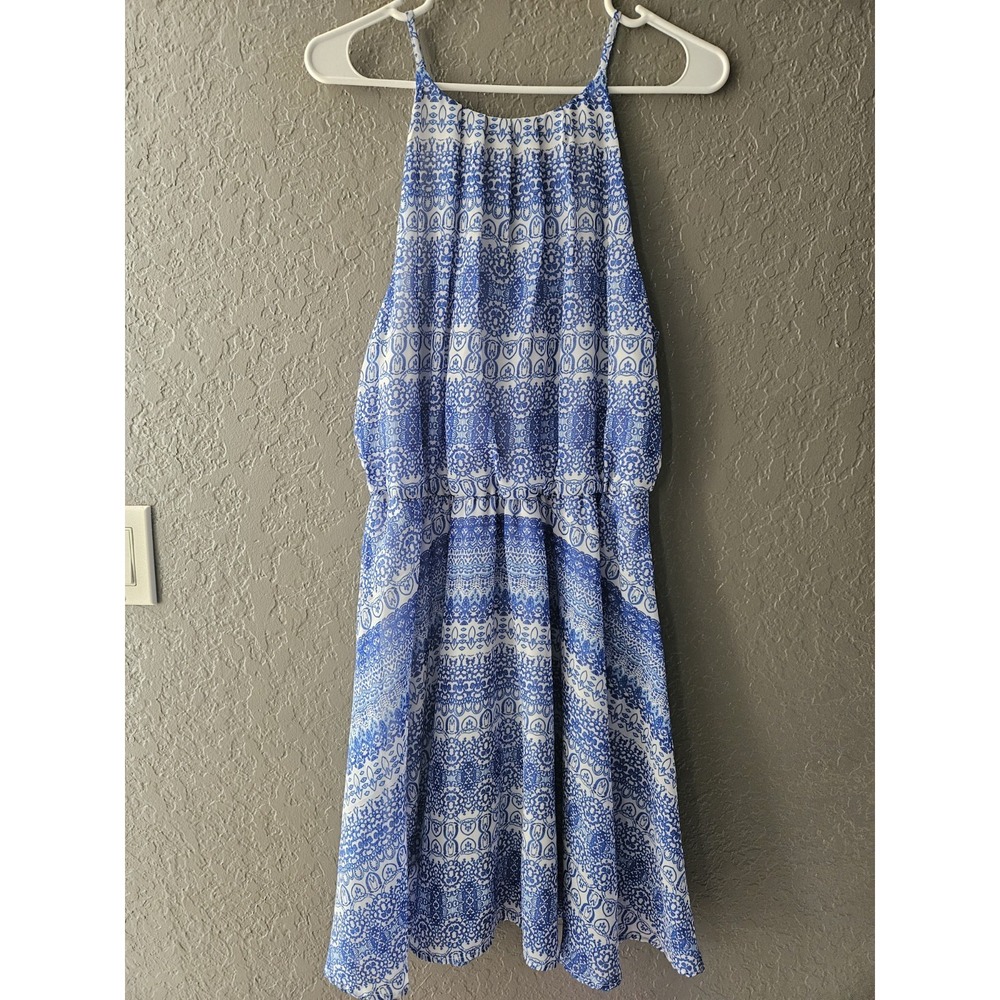 Boho Blue Medallion Halter Mini Dress Keyhole Open Back Chiffon‎ L Large